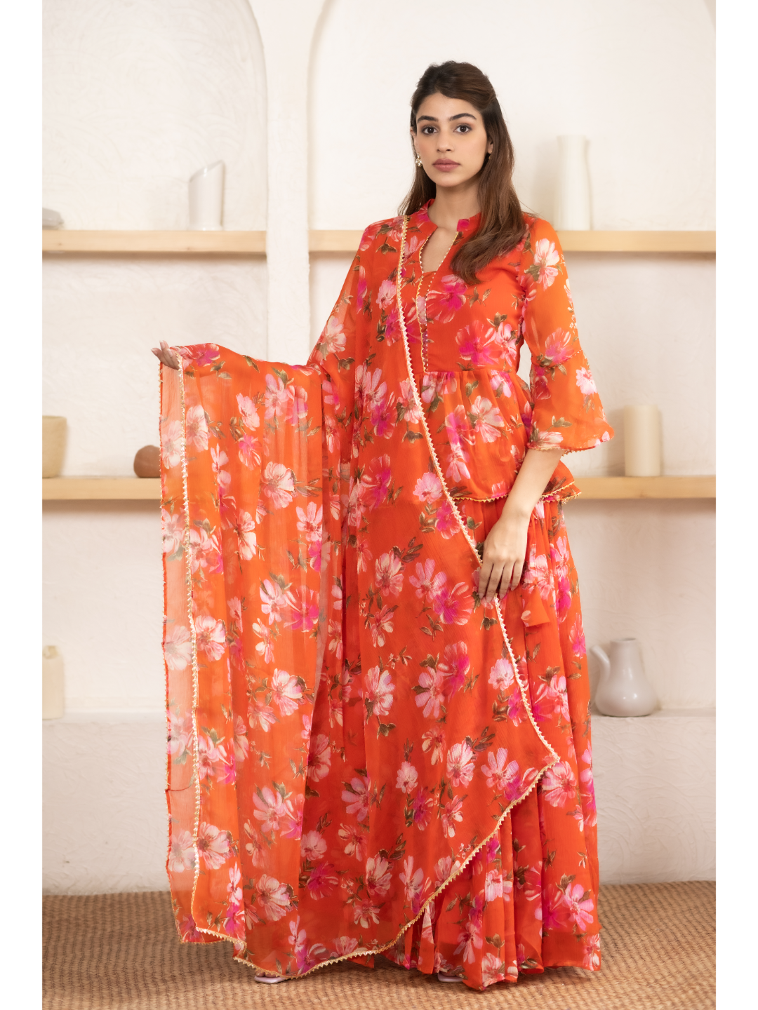 Orange Digital Print Lehnga Top Set